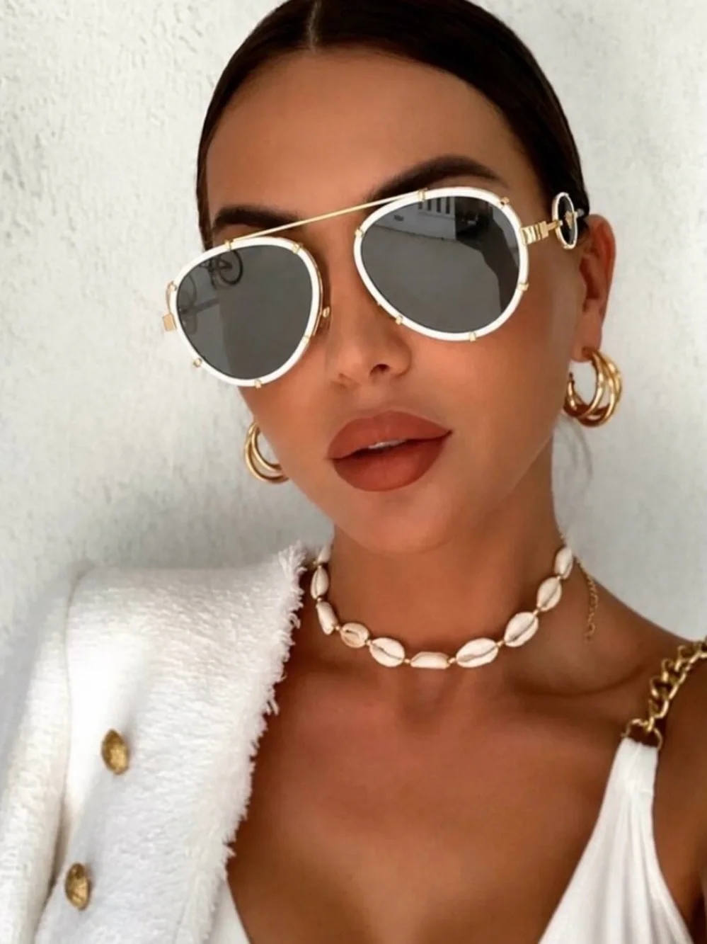 Versace White/Gold Metal Aviator pilot Sunglasses with dramatic logo on temples